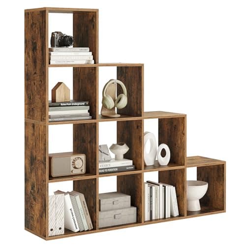 Image of VASAGLE 10 Tier Bookcase Open Shelf Storage Cabinet for Decorations, Picture Frame, Living Room, Bedroom, Office, 29 x 129.5 x 129.5 cm, Rustic Brown LBC10BX