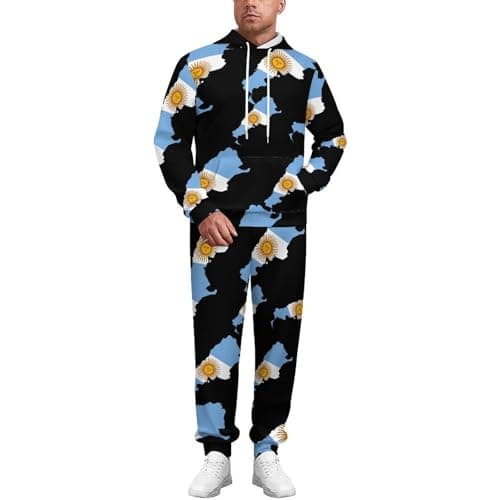 Image of Argentina Flag Map Men's Tracksuit Set 2 Piece Casual Hooded Top Drawstring Bottoms Sport Sweatshirt Suit
