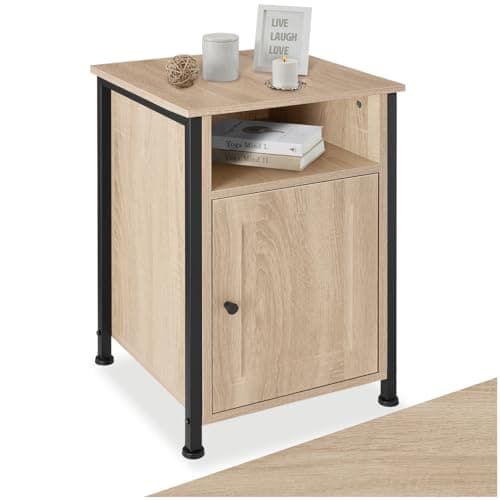 Image of tectake® Bedside Table with Cupboard & Open Storage Compartment, Bedside Cabinet with Steel Frame & Wood-Look Surfaces, Compact Side Table for Bedroom, Living Room, 40 x 42 x 60.5 cm - Light Wood