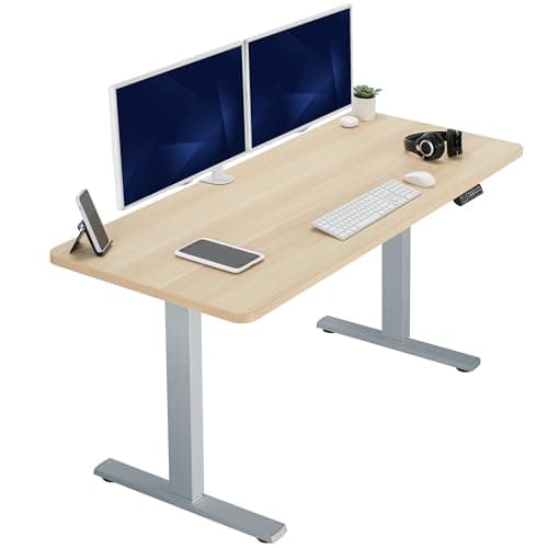 Image of VIVO Electric Height Adjustable 152cm x 61cm Memory Stand Up Desk, Light Wood Solid One-Piece Table Top, Gray Frame, Standing Workstation with Preset Controller, 1B Series, DESK-KIT-1G6C