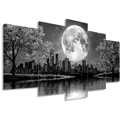 Image of ZXHYWYM 5 Piece Landscape Wall Art Black and White City Skyline Pictures Full Moon Painting Canvas Prints Large Modern Living Room Bedroom Home Decor Framed (Size 1)