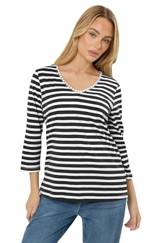 Image of M&Co Blue Stripe Cotton Neck Trim Top - Women's