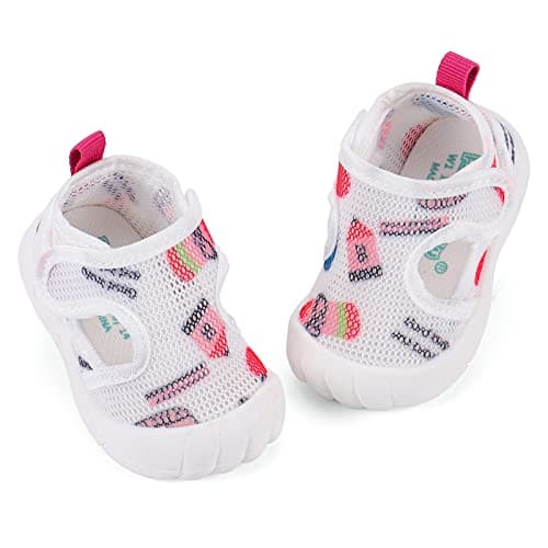 Image of LACOFIA Baby Girls First Walking Shoes Infant Toddler Anti-Slip Breathable Mesh Trainers White/Pink 5
