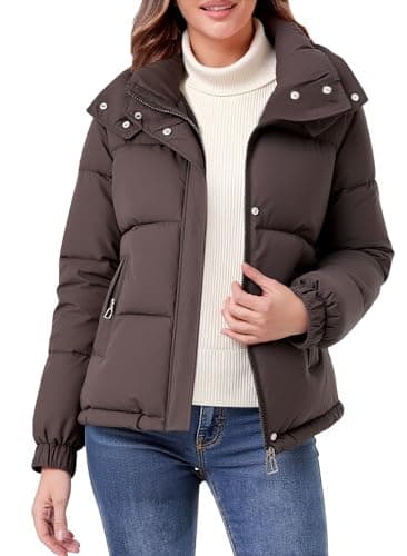 Image of hathne Women's Cropped Puffer Jacket Coats Winter Zip Up Hooded Short Warm Padded Jacket Outerwear, Coffee, XXL