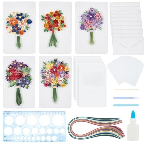 Image of WEBEEDY Paper Quilling Kit 20 Sets Flower Bouquet Greeting Card Making Kit with Quilling Strips Ruler Tools Paper Quilling Set DIY Handmade Arts Crafts Wedding Valentine's Day Birthday Gifts