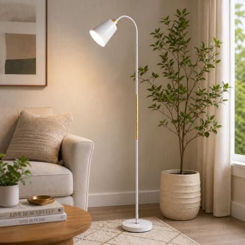 Image of BURAKH Modern Metal Floor Lamp with Adjustable Head - Tall Standing Reading Light for Living Room, Bedroom, Office, Study - Bright LED Compatible Task Lamp with Sturdy Base (White)