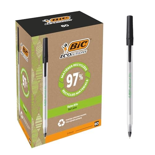 Image of BIC Round Stic ECOlutions Ballpoint Pens - Box of 60 - Black - Medium Writing Point (1.0 mm) Large Office Size