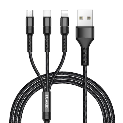 Image of RAVIAD Multi Charger Cable, 3 in 1 Charger Cable 3A USB Fast Charging Cord [1.2M] Multi Charging Cable with Micro USB Type C Lightning Cable Connector for iPhone, Samsung, Huawei, Sony, LG, PS5-Black