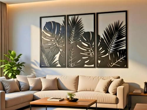 Image of Vailla Black Wall Art, Wood Wall Decoration for Living Room Bedroom Kitchen Office Set of 3 Wall Art Tropical Leaf Wall Hanging, Abstract Large Wall Decor Modern 3D Textured Wall Sculptures