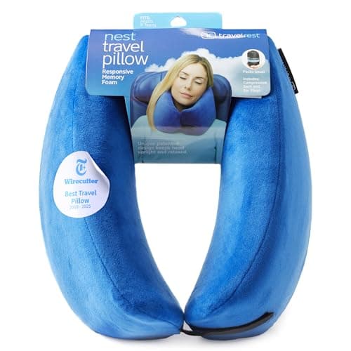 Image of Travelrest Nest Neck Pillow for Travel - Advanced Support for Long Flights, Memory Foam Patented Design for Optimal Relaxation, Ergonomic, and Washable, On-the-Go and Attaches to Luggage - Blue