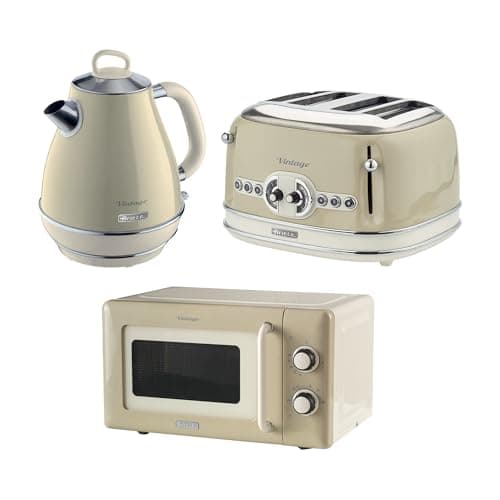 Image of Ariete Vintage Breakfast Set, Retro 4-Slice Toaster with 6 Browning Levels, 2000W Fast-Boil 1.7L Kettle & 800W Microwave, Cream