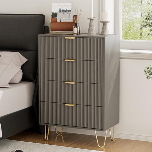 Image of HEYZOEY Grey Chest of 4 Drawers for Bedroom, 60x34x91cm, Wood Storage Dresser Bedroom Furniture Cabinet for Living Room,Office,Lounge,Grey