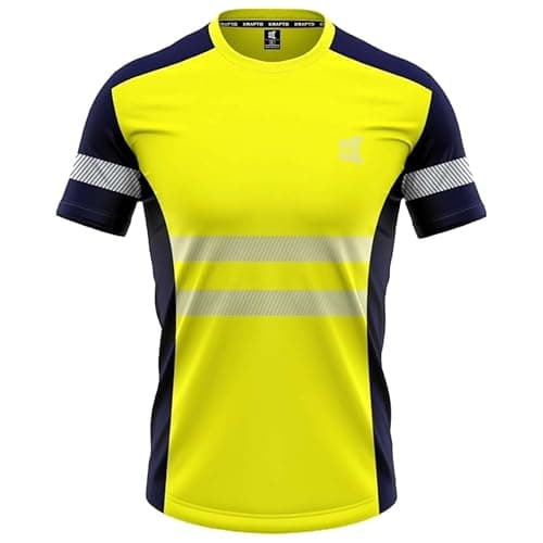Image of kraftd Hi Vis Short Sleeve Work Safety T Shirt Breathable Crew Neck Reflective High Visibility Workwear Great Comfort & Retroreflective for Outdoor & Construction (Yellow/Navy)