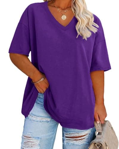 Image of Fisoew Women's Plus Size T-Shirt with V-Neck Short Sleeve Summer Oversize Shirt Basic Loose Top Large Sizes Cotton Tee Tops, Purple, 3XL