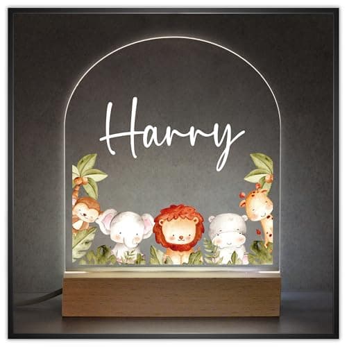 Image of Beecreative Jungle Animal Boys Nursery Night Light with Childs Name - Personalised LED Night Light For Baby Boys Nursery - Giraffe Lion Elephant Nursery Bedside Table Light - Baby Sleep Light