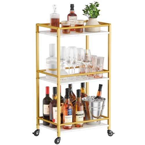 Image of Lifewit Drink Cart, Rolling Bar Cart, Tea Serving Trolley on Lockable Wheels, Kitchen Cocktail Alcohol Trolley for Dining Living Room, 43.2 x 30 x 81.5 cm, Gold, 3 Tier