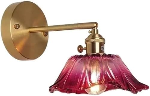 Image of Vintage Flower Lamp Wall Sconce with Pink Glass Shade, Brass Wall Mounted Light for Bedroom, Living Room or Girls Room Nordic Style