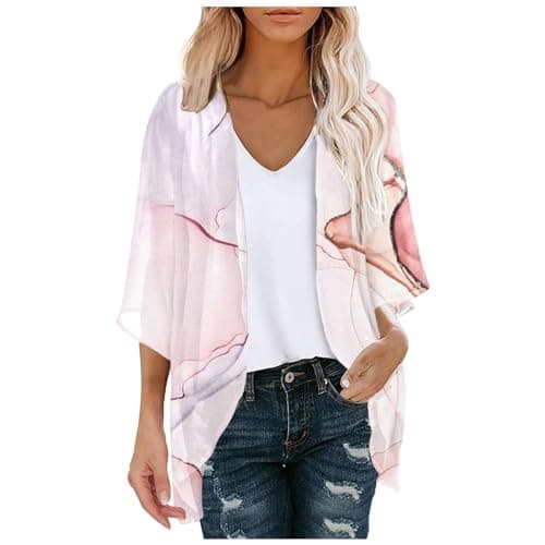 Image of Generisch Women Chiffon Floral Print Puff Sleeve Loose Cover Up Casual Blouse Tops, pink, S