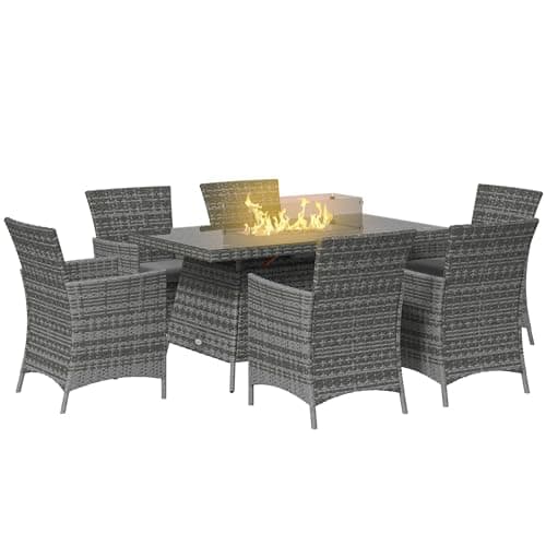 Image of Outsunny 7 Pieces Outdoor Rattan Garden Furniture with Fire Pit Table, 6 Seater Garden Table and Chairs with Cushions, Rattan Dining Set with Propane Heater Table, Windscreen, 50,000 BTU, Grey