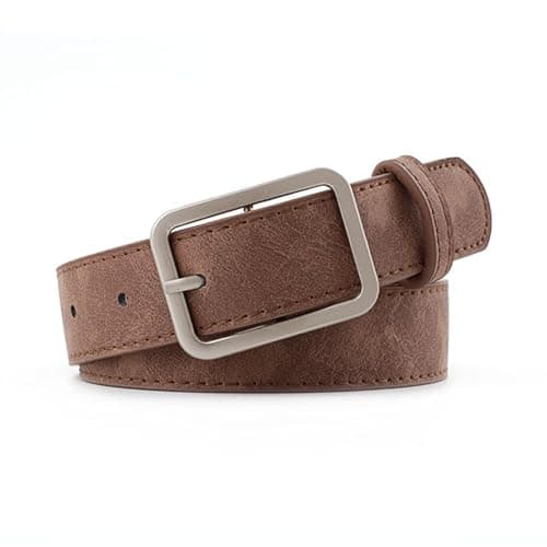 Image of JILLICK Classic Brown Faux Leather Belt for Women - Adjustable Waist Strap with Silver Buckle for Jeans Dresses Pants Work Office Casual Wear Vintage Style Everyday Essentials Fine Stitching (Brown)