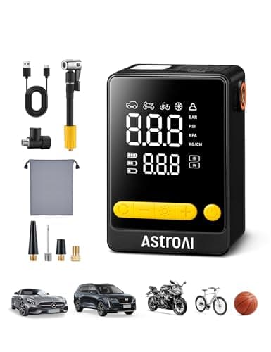 Image of AstroAI Car Tyre Inflator Air Compressor + Electric Bike Pump, 2x Faster Cordless Tyre Pump 150PSI for Car, Motorcycle, Bike, with Pressure Gauge Digital HD Screen, Premium Cylinders