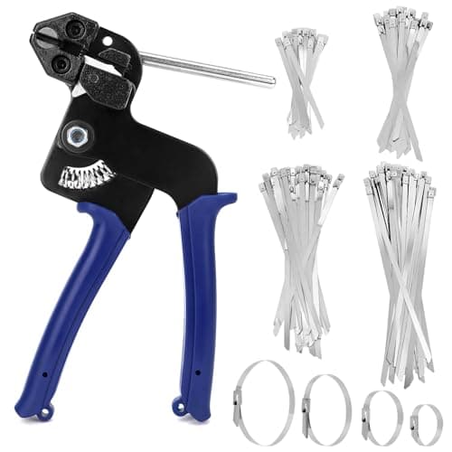 Image of QWORK® 150pcs 304 Stainless Steel Cable Ties with Upgraded Ties Gun - 7.9 x 300/250/200/150mm - Zip Tie Tool for Electrical, Industrial, and Automotive Applications