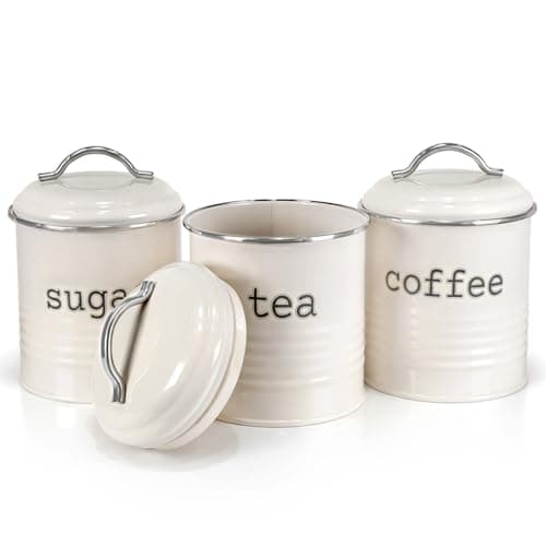 Image of Besto Kitchen Canisters Tea Coffee Sugar Jars | Kitchen Canisters Set of 3 with Airtight Lids & Stainless-Steel Handle | Kitchen Storage Canisters for Home | Cream