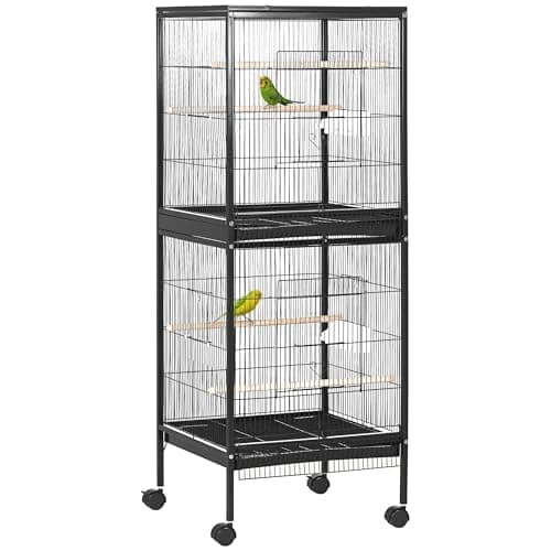 Image of PawHut Bird Cage Budgie Cage 2 In 1 Large Aviary with Wheels Removable Trays for Finch Canaries Cockatiels Black