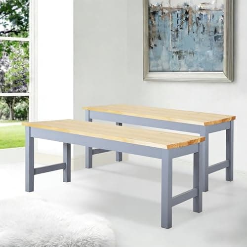 Image of Warmiehomy Set of 2 Dining Bench,Elegant Modern Bench Solid Pinewood & Sturdy Metal Frame, Durable 2-Seater for Living Room, Bedroom, Kitchen, Patio,90CMx35CMx44.6CM, Natural Pine & Grey