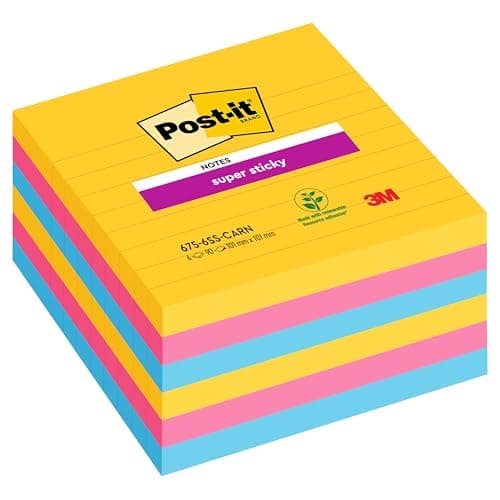 Image of Post-it Super Sticky Notes, Lined, 540 Sheets, Pack of 6 Pads, 101 mm x 101 mm - Holds Strong to Many Surfaces - Bright Colours - for Walls, Monitors and Fridge, Recycable