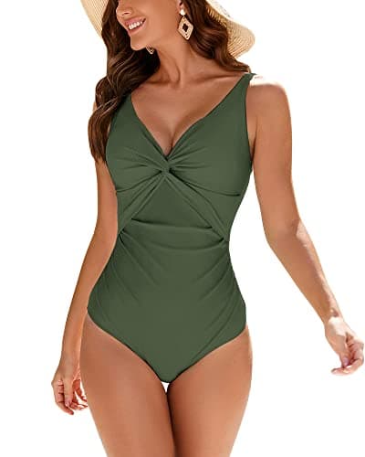 Image of WIN.MAX Swimming Costume for Women Swimsuit Womens Swimwear Tummy Control Ruched Ladies Retro One Piece Swimsuit (Dark Green, UK14)