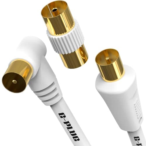 Image of 2m TV Aerial Cable with Right Angled Plug + Adapter – Coaxial RF Lead Male to Male – Gold-Plated Connector – Freeview, Freesat, Sky Box, BT, TV Antenna Extension