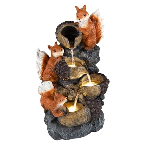 Image of COSTWAY 4-Tier Outdoor Water Fountain, Cascading Waterfall Fountain with 3 LED Lights, Pump & Adjustable Flow, Freestanding Garden Water Feature for Patio Yard Home Decor (59cm, Squirrels Design)