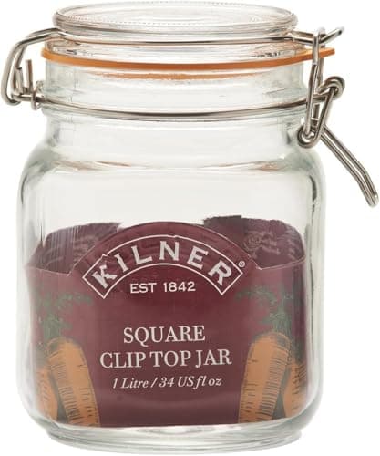 Image of Kilner Square Clip Top Jar 1L (1000ml) Airtight Glass Jar for Pickling Vegetables Preserving Chutneys Storing Coffee Beans Nuts Pasta Dry Foods