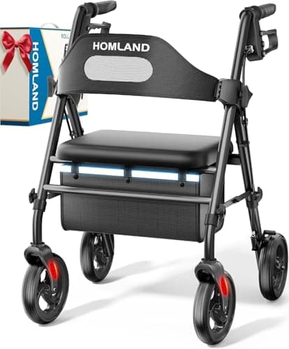 Image of HOMLAND Foldable Rollator Walkers with Seat for Seniors, 8'' Big Wheels, 350 lb. Weight Capacity, Adjustable Handles and Seat Height, Lightweight Rolling Walker, Black