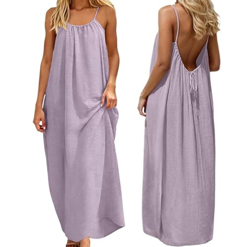 Image of Summer Dresses for Women Sexy Spaghetti Strap Cami Solid Backless Loose Maxi Long Vacation Dress Back Tie (Purple, L)