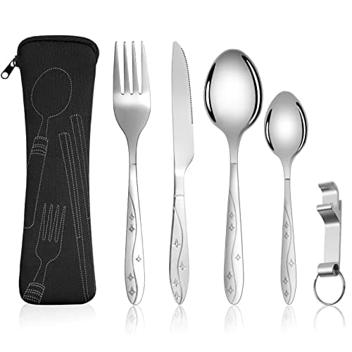 Image of Vicloon Cutlery Set with Portable Pouch Case, 5PCS Stainless Steel Flatware Set with Bottle Opener, Travel Cutlery Set Spoon Knife and Fork for Camping Picnic Office School Lunch (Black)