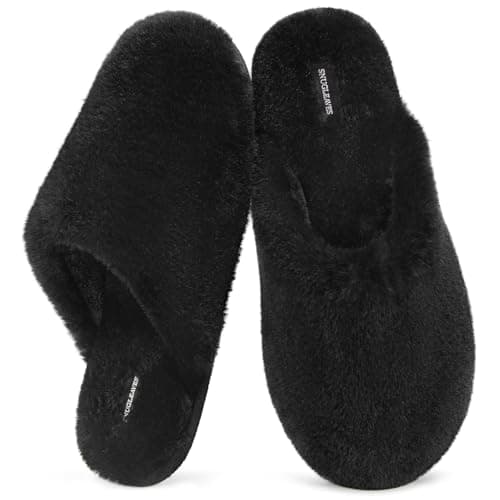 Image of Snug Leaves Women's Fluffy Memory Foam Slip On Slippers with Cosy Faux Fur Lined House Shoes for Ladies Black, 3-4 UK