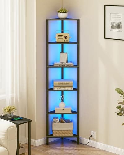 Image of TUTOTAK Corner Shelf with LED Light, 6-Tier Corner Bookshelf for Small Space, Narrow Display Corner Shelf Stand with Storage Rack, for Living Room, bedroom, Black BS05BK006LEU