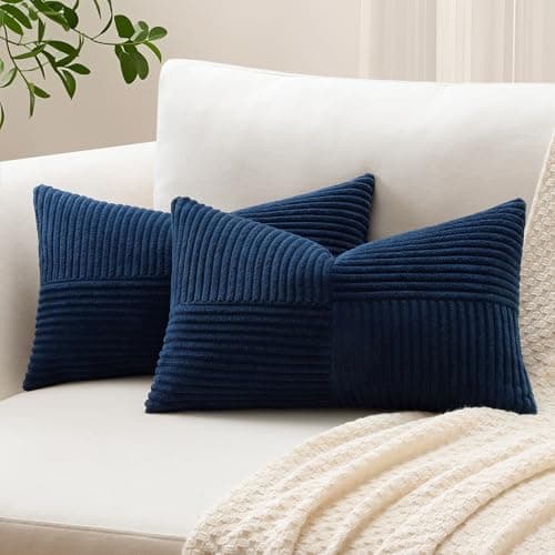 Image of Sungeek Set of 2 Decorative Cushion Covers 30 x 50cm Soft Corduroy Striped Cross Patchwork Textured Pillow Covers Solid Lumbar Throw Pillow Cases for Sofa Bed Patio 12x20 Inch, Navy Blue