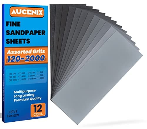 Image of Aucenix 12PCS Sandpaper, 120 to 2000 Mixed Grits Assorted Sanding Paper Pack for Wood, Fine & Coarse Wet & Dry Waterproof Abrasive Paper Sheets for Walls, Metal Plastic, Furniture Finishing, Polishing