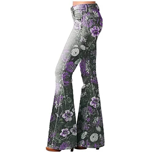 Image of Keepink Flared Jeans Pants for Women UK Clearance Fashion Low Waist Denim Loose Pocket Lace Patchwork Pants Stretch Cow Jeans Pants Ladies Full Length Smart Trousers