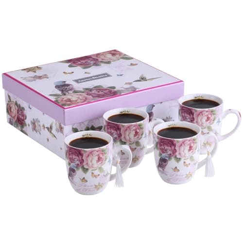 Image of London Boutique Cups Mugs Set 4 Fine China Shabby Chic Vintage Gift Box 350ML for Tea Coffee Cappuccino Catte Mocha (Bird Rose Butterfly)