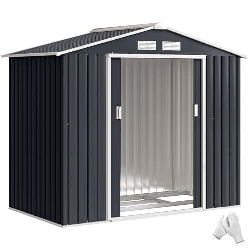 Image of Outsunny 7 x 4ft Metal Garden Shed, Waterproof Outdoor Bike Storage Shed Galvanised with Vents, Foundation Kit, Apex Roof and Lockable Double Doors for Patio Lawn, Dark Grey