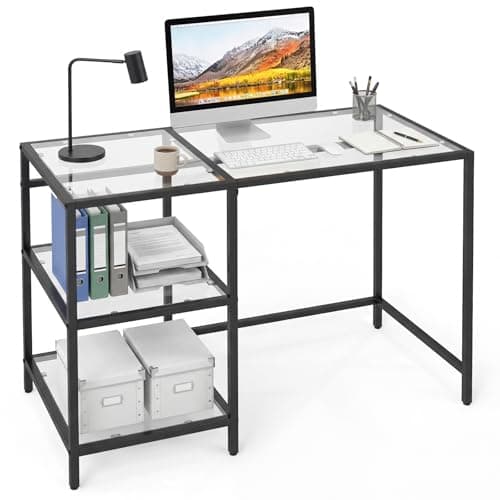 Image of COSTWAY Modern Computer Desk, Tempered Glass Study Table Writing Workstation with Storage Shelves, Metal Frame Working Desk Console Table for Home Bedroom Living Room (Black, 106 x 51 x 77cm)