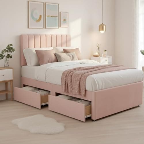 Image of BED TIME UK Luxe Plush Pink 4FT Small Double Bed Set with Spring Memory Foam Mattress – Strong Bed Frame, 20" Vertical Liner Headboard & 2 Drawer Storage Bed