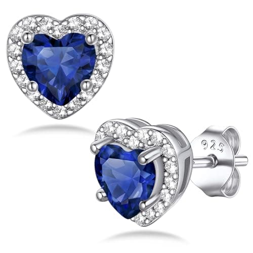 Image of Bestyle Silver Earrings for Women Hypoallergenic 925 Sterling Silver Stud Earrings Sapphire Earrings Heart Gemstone September Birthstone Jewellery Gifts for Daughter/Grandma