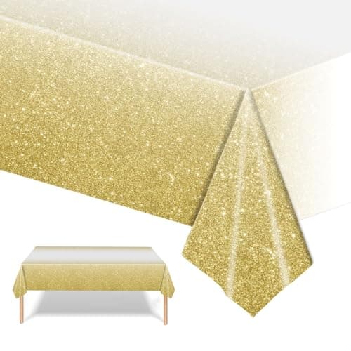Image of PHOGARY 2 PCS White Gold Dot Party Tablecloth Plastic Gold Dot Confetti Rectangular Table Cover Party Birthday Table Cloth for Picnic, Baby Shower, Christmas, Birthday Decorations 137 x 274 cm