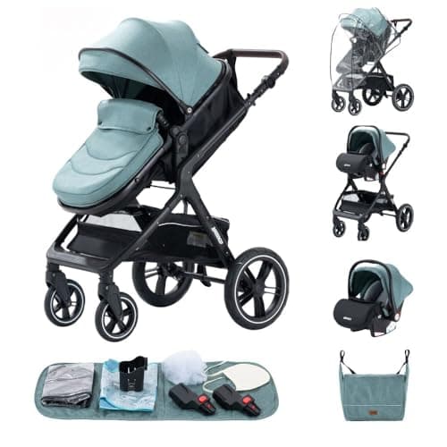 Image of GLOKID 3-in-1 Luxury Baby Travel System Pram - High Landscape Stroller with 360° Reversible Seat, One-Click Folding & Mosquito Net, Lightweight Aluminum Frame for Newborns to Toddlers (X1 Green)