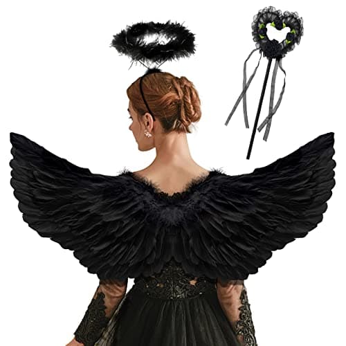 Image of Goenb Angel Wings, 80 * 40cm Angel Wings and Halo Devil Wings Black Angel Wings Costume Dark Angel Cupid Fallen Angel Costume for Adult Women Kids for Halloween Birthday Themed Party